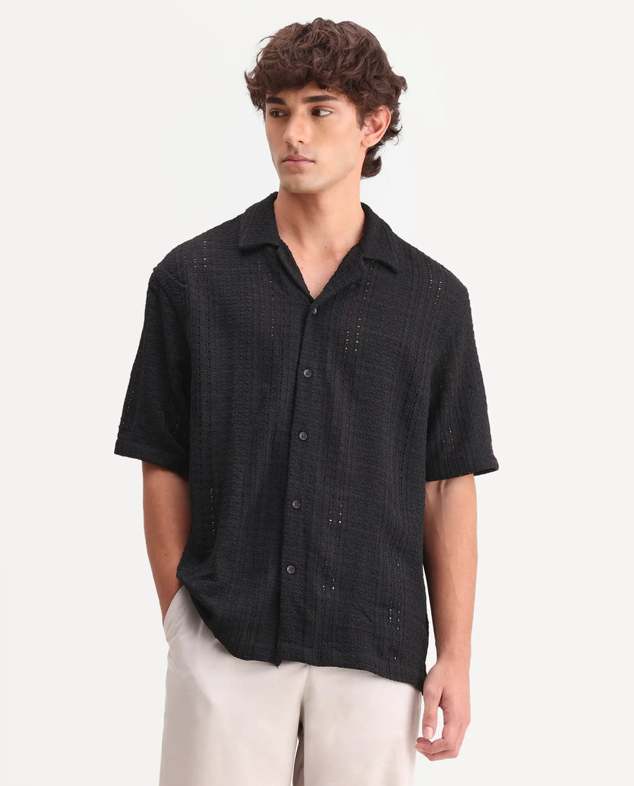 Rare Rabbit Men's Limo Black Cotton Embroidered Regular Fit Full Sleeve Collared Shirt