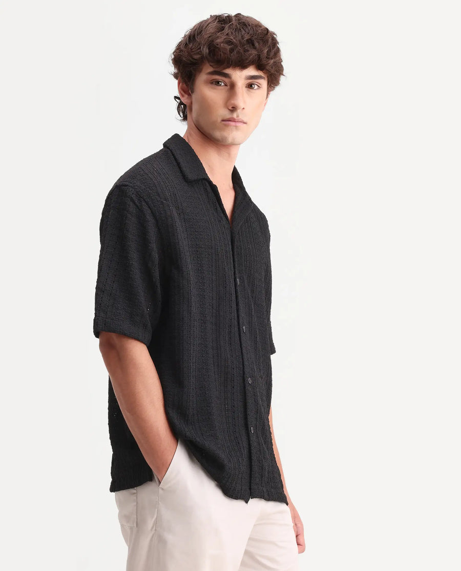 Rare Rabbit Men's Limo Black Cotton Embroidered Regular Fit Full Sleeve Collared Shirt