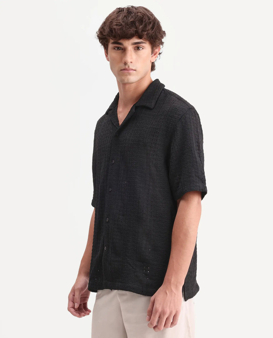 Rare Rabbit Men's Limo Black Cotton Embroidered Regular Fit Full Sleeve Collared Shirt