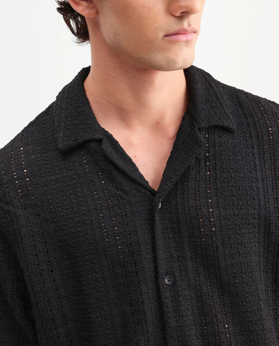 Rare Rabbit Men's Limo Black Cotton Embroidered Regular Fit Full Sleeve Collared Shirt