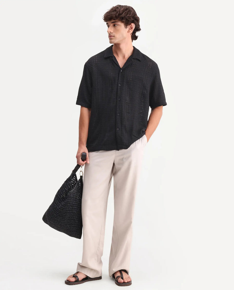 Rare Rabbit Men's Limo Black Cotton Embroidered Regular Fit Full Sleeve Collared Shirt