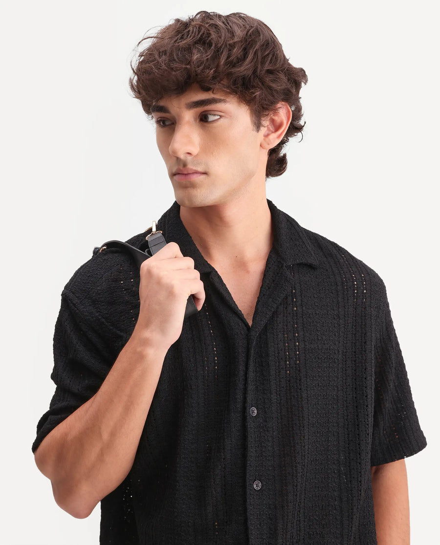 Rare Rabbit Men's Limo Black Cotton Embroidered Regular Fit Full Sleeve Collared Shirt