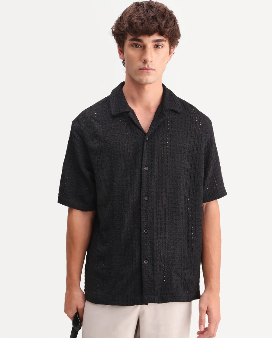 Rare Rabbit Men's Limo Black Cotton Embroidered Regular Fit Full Sleeve Collared Shirt
