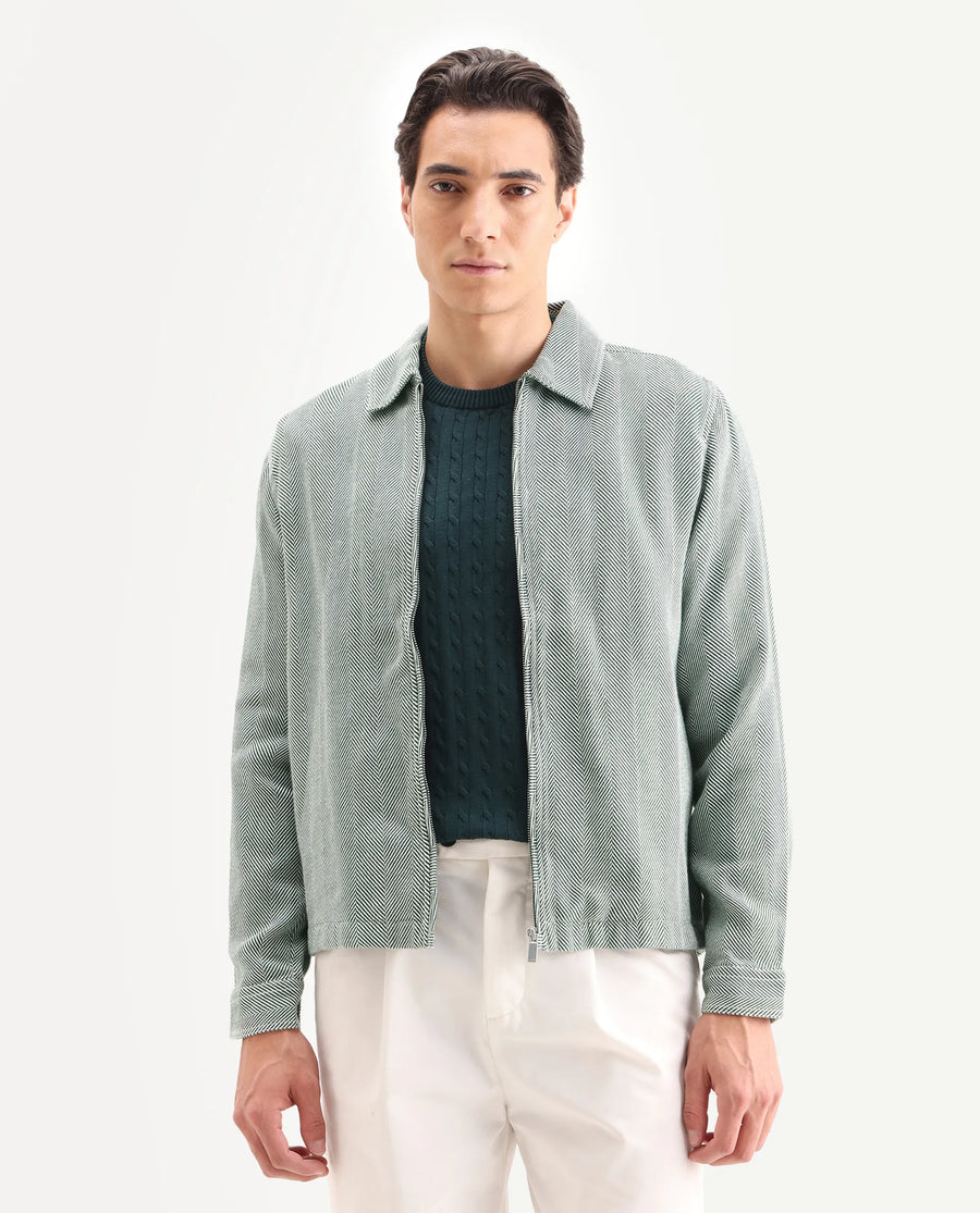 Rare Rabbit Men's Luha Green Polyester Blend Striped Print Regular Fit Full Sleeve Collared Shacket
