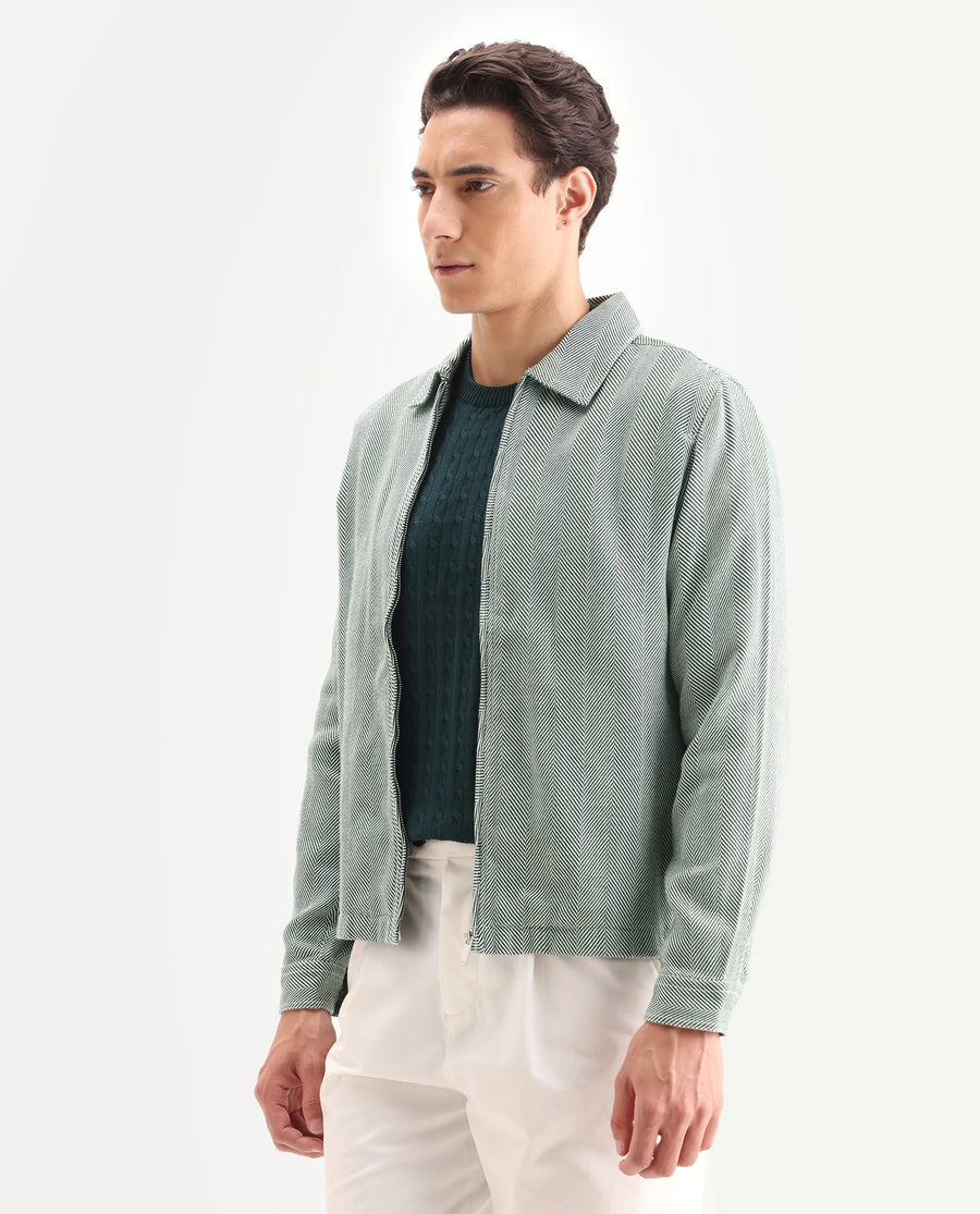 Rare Rabbit Men's Luha Green Polyester Blend Striped Print Regular Fit Full Sleeve Collared Shacket