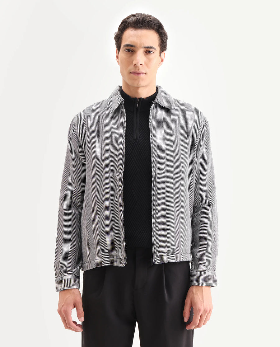 Rare Rabbit Men's Luha Black Polyester Blend Striped Print Regular Fit Full Sleeve Collared Shacket