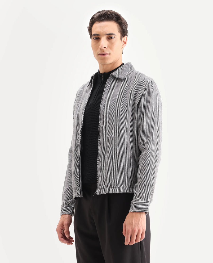 Rare Rabbit Men's Luha Black Polyester Blend Striped Print Regular Fit Full Sleeve Collared Shacket
