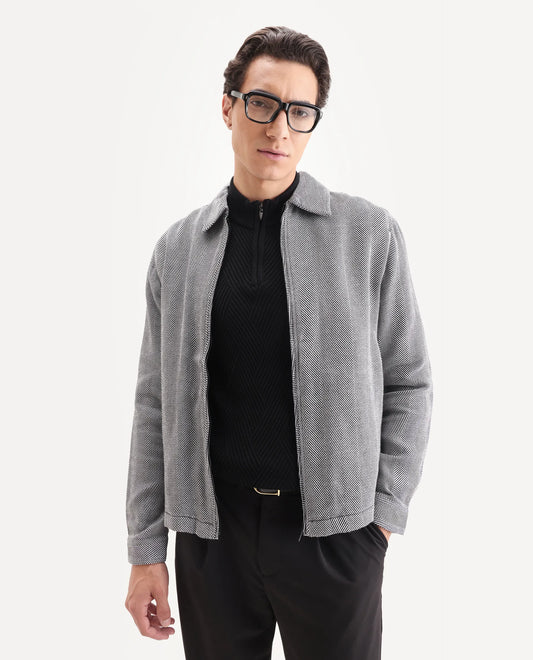 Rare Rabbit Men's Luha Black Polyester Blend Striped Print Regular Fit Full Sleeve Collared Shacket