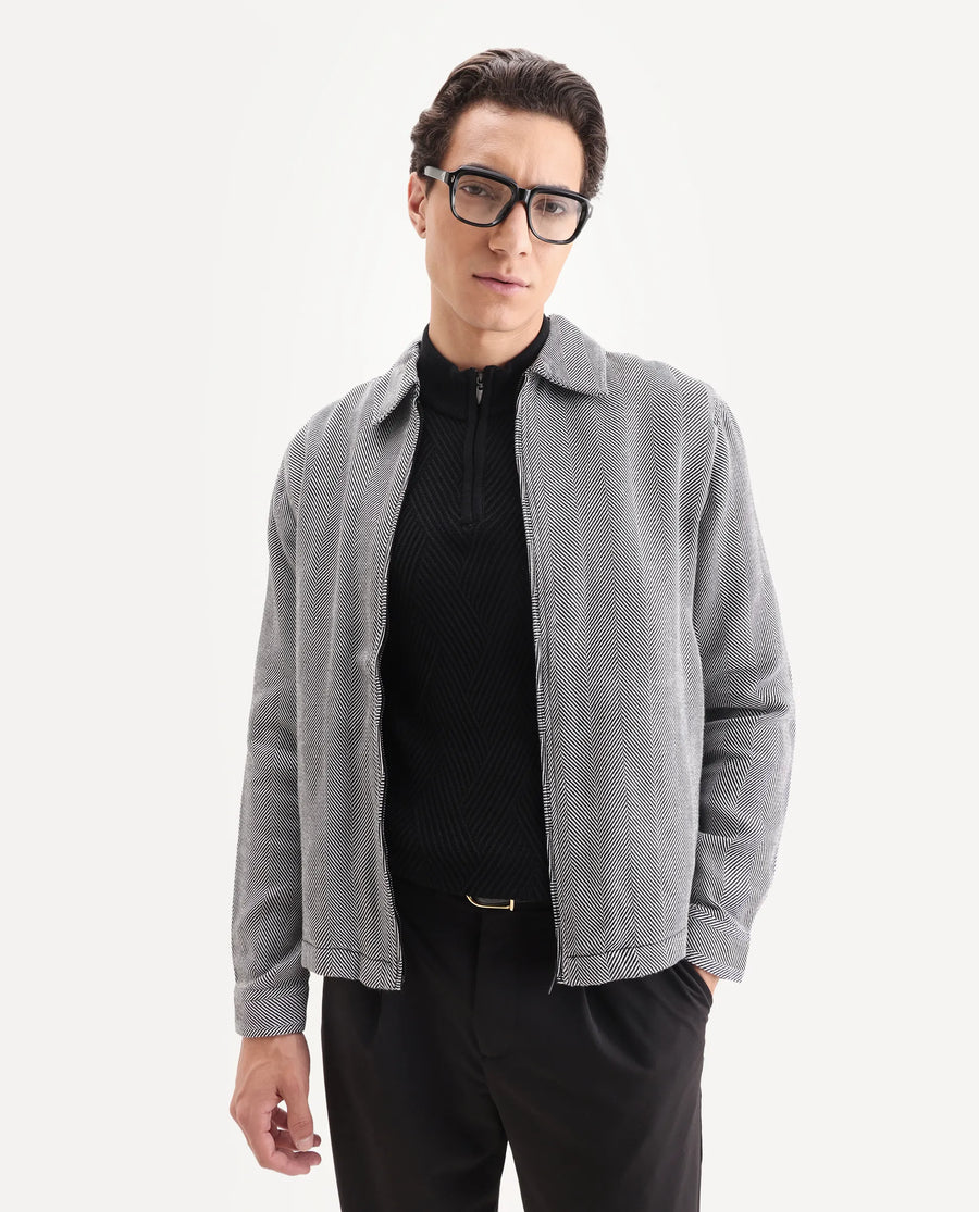 Rare Rabbit Men's Luha Black Polyester Blend Striped Print Regular Fit Full Sleeve Collared Shacket