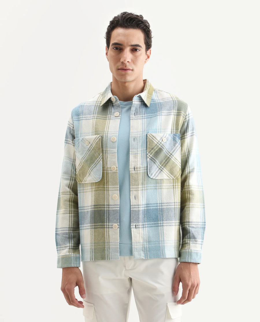 Rare Rabbit Men's Cotton Checked Print Regular Fit Full Sleeve Collared Shacket