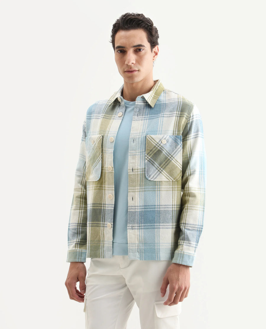 Rare Rabbit Men's Cotton Checked Print Regular Fit Full Sleeve Collared Shacket