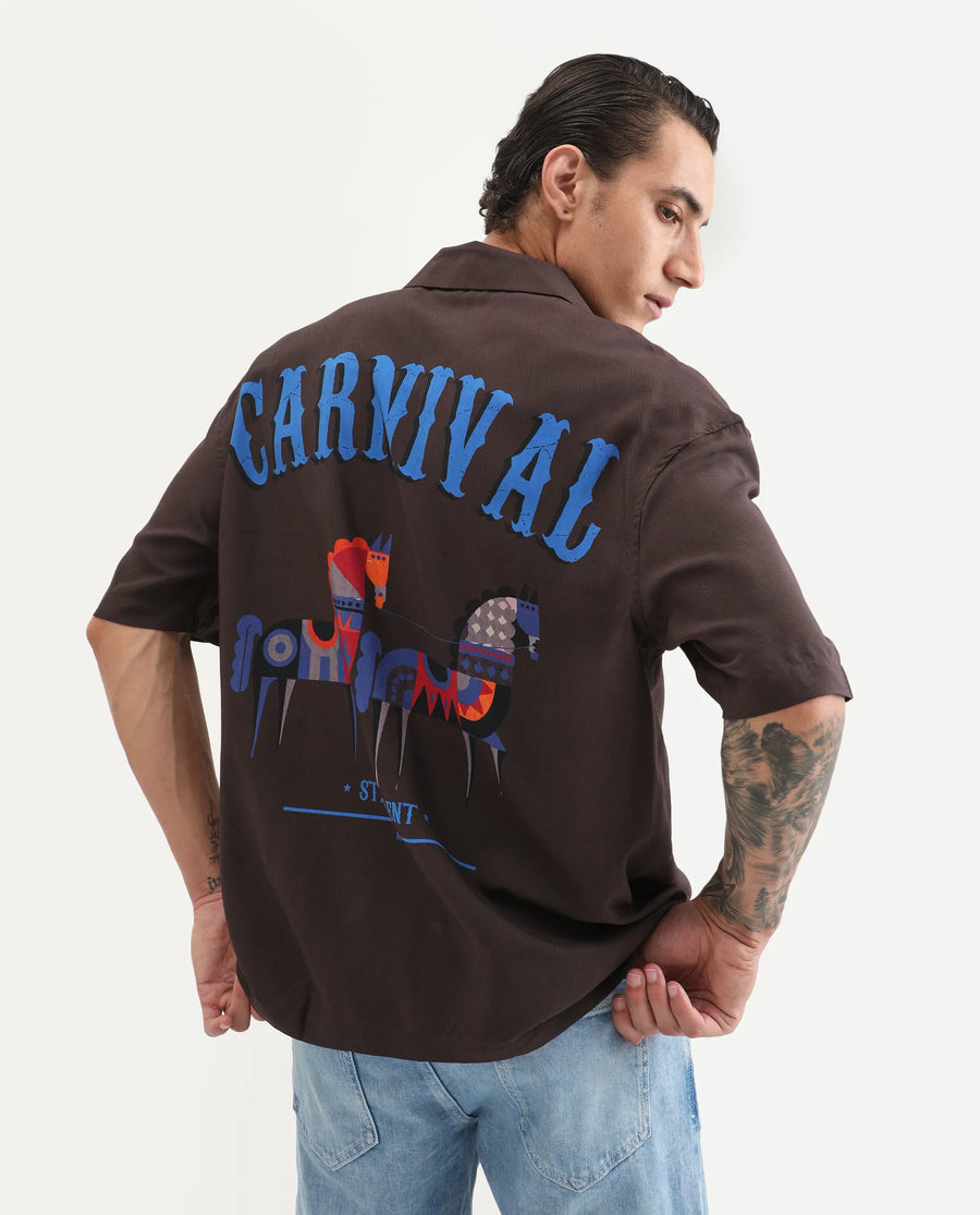 Rare Rabbit Men's Carn-S Brown Cotton Fabric Short Sleeve Collared Neck Button Closure Graphic Print Shirt