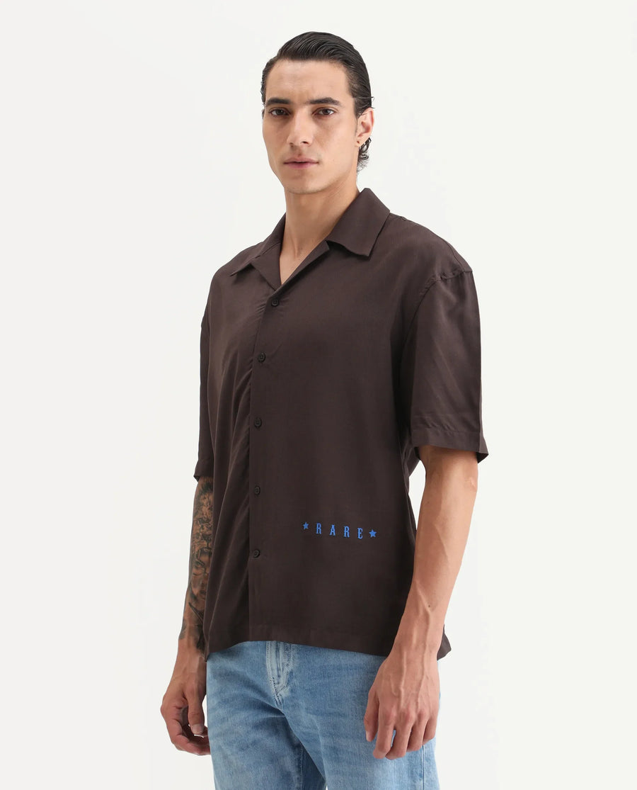 Rare Rabbit Men's Carn-S Brown Cotton Fabric Short Sleeve Collared Neck Button Closure Graphic Print Shirt