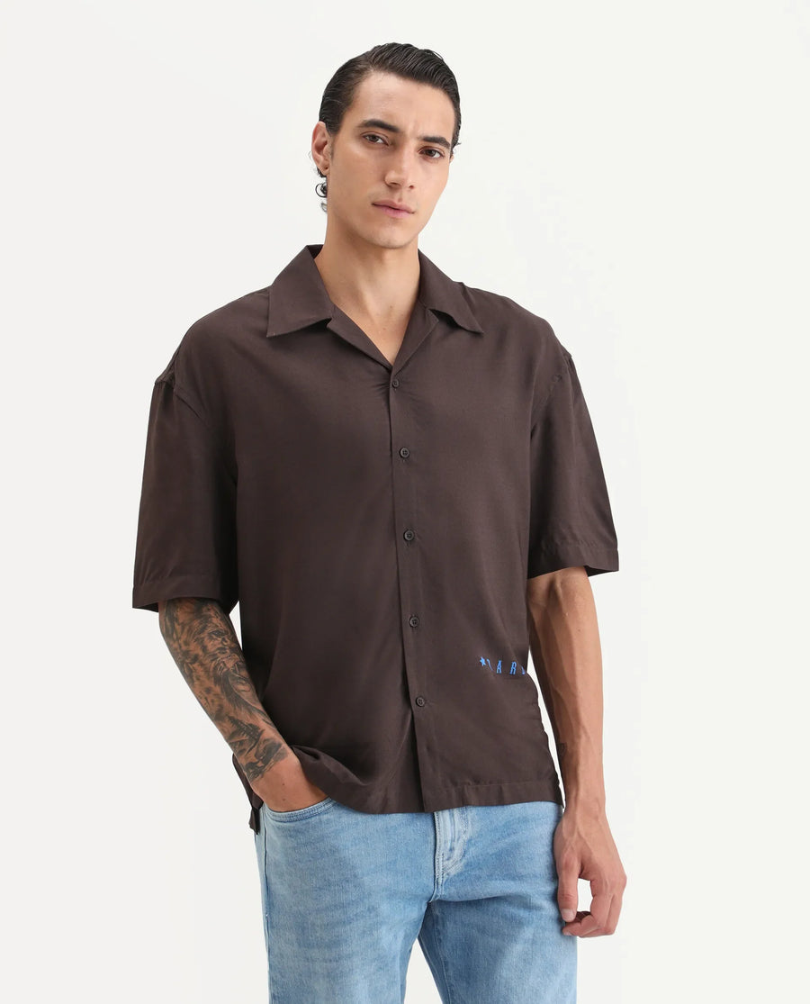 Rare Rabbit Men's Carn-S Brown Cotton Fabric Short Sleeve Collared Neck Button Closure Graphic Print Shirt