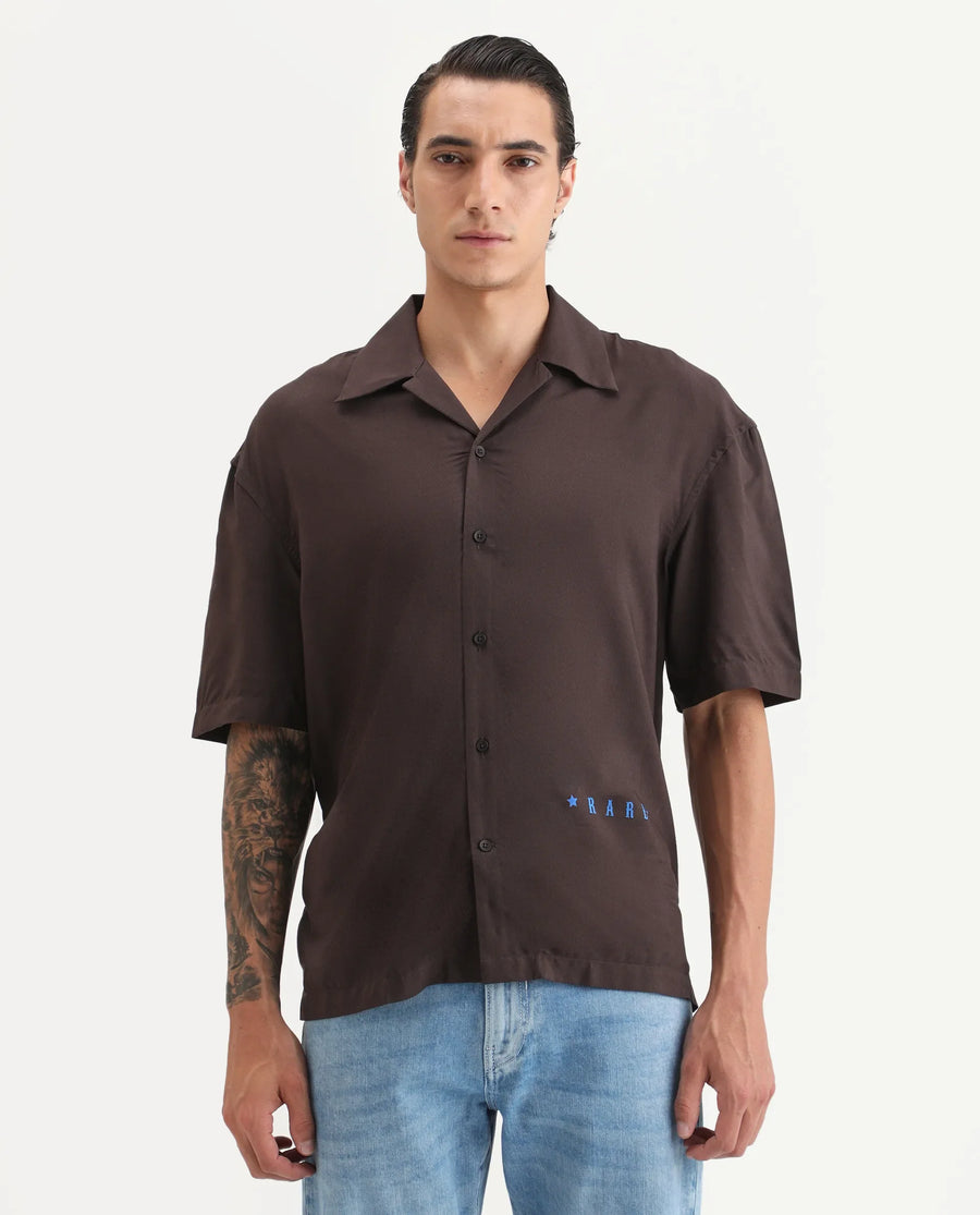Rare Rabbit Men's Carn-S Brown Cotton Fabric Short Sleeve Collared Neck Button Closure Graphic Print Shirt