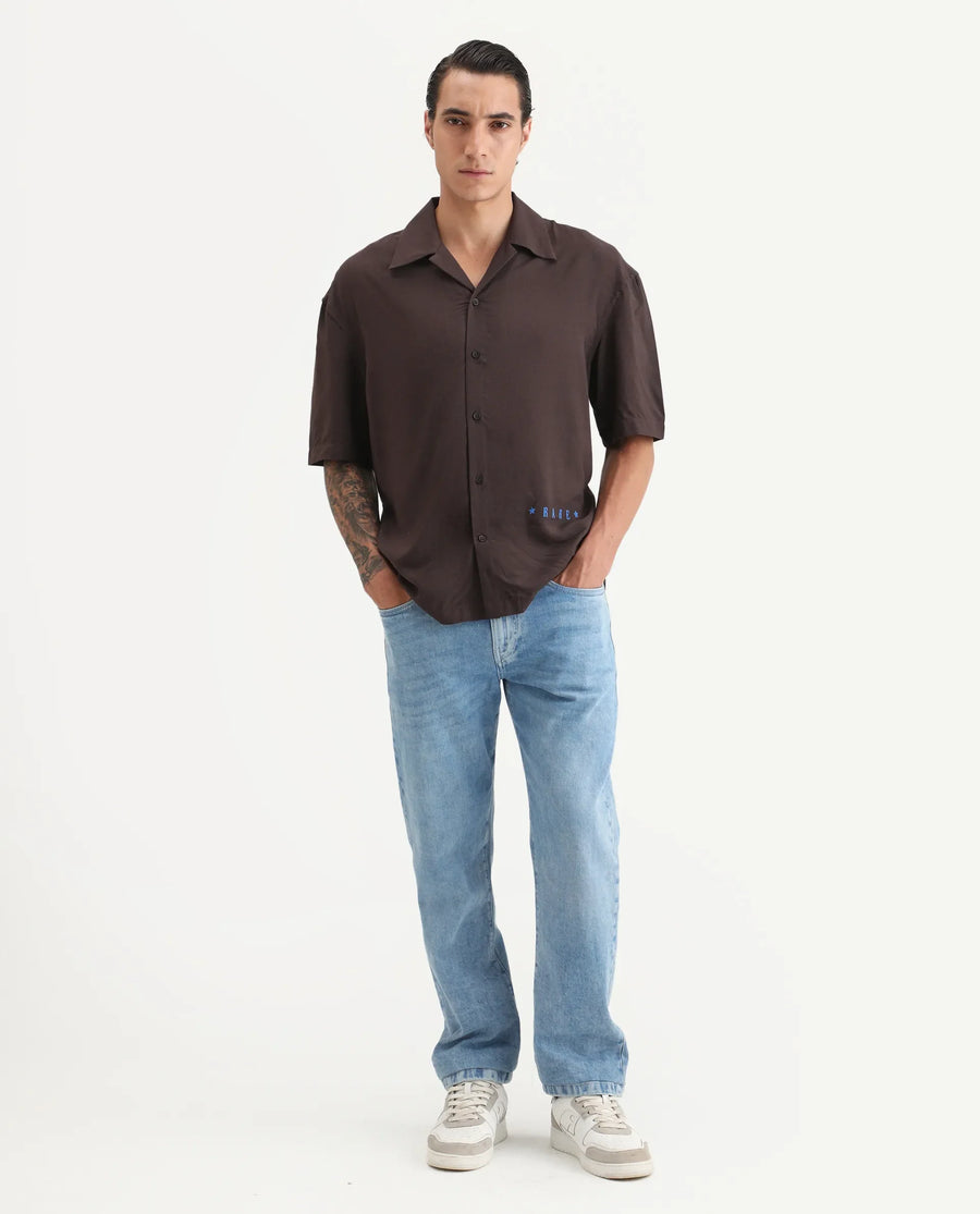 Rare Rabbit Men's Carn-S Brown Cotton Fabric Short Sleeve Collared Neck Button Closure Graphic Print Shirt