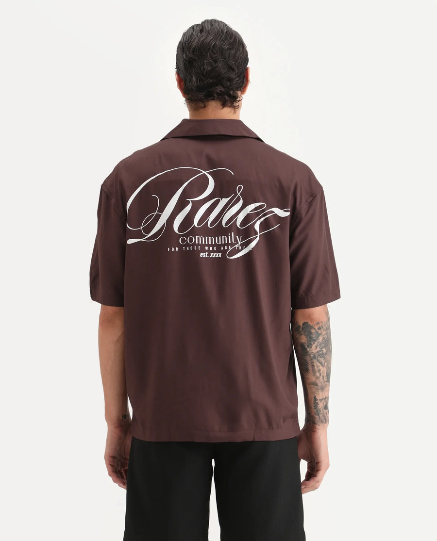 Rare Rabbit Men's Carn Ss Brown Cotton Graphic Print Oversized Fit Half Sleeve Collared Shirt