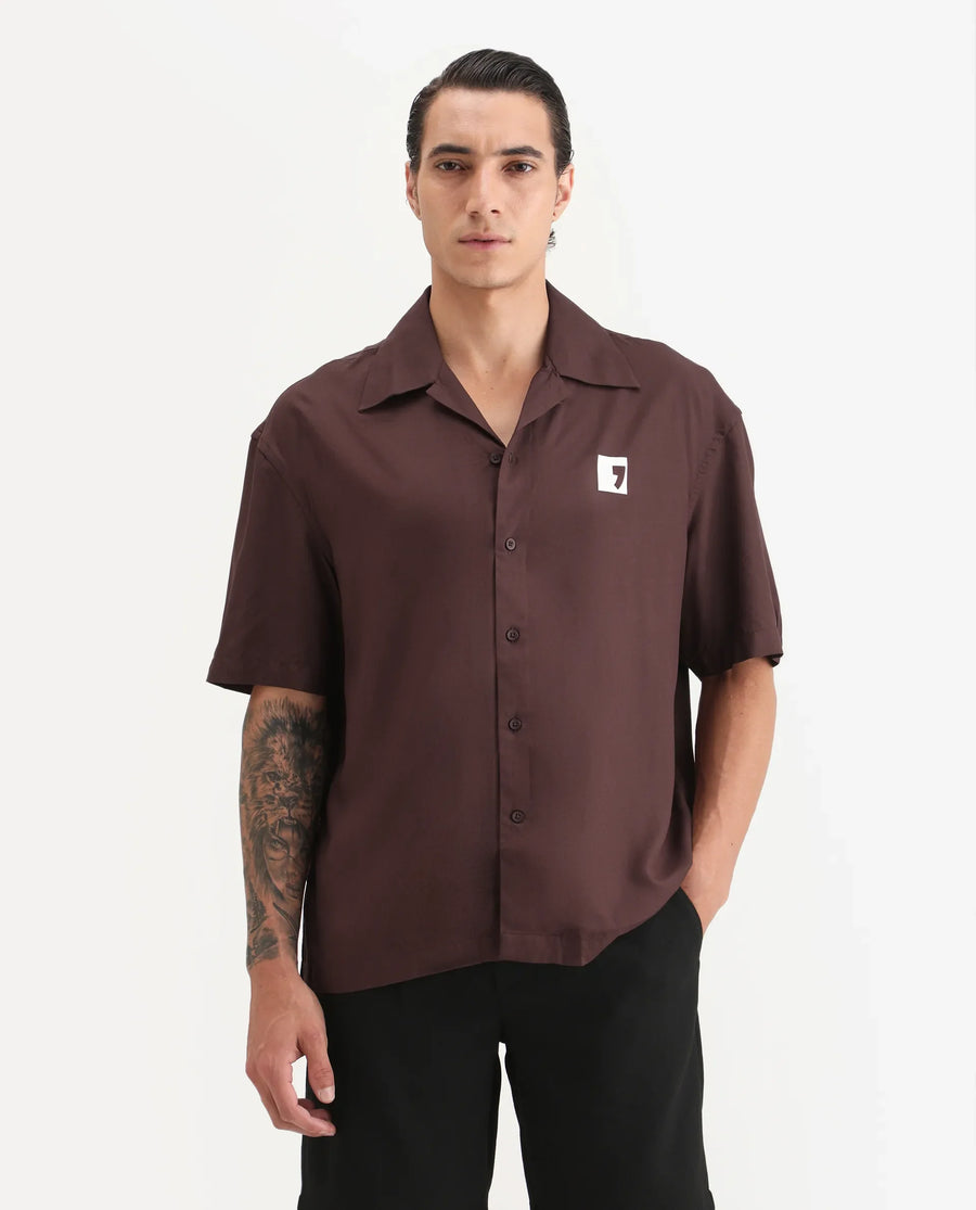 Rare Rabbit Men's Carn Ss Brown Cotton Graphic Print Oversized Fit Half Sleeve Collared Shirt