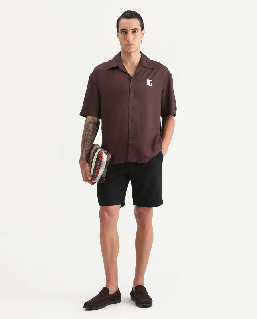Rare Rabbit Men's Carn Ss Brown Cotton Graphic Print Oversized Fit Half Sleeve Collared Shirt