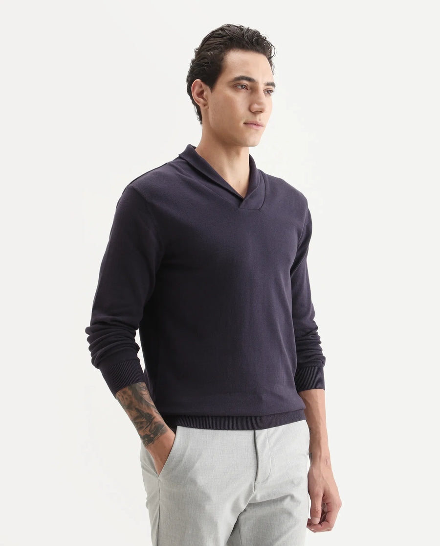 Rare Rabbit Men's Kenlay Dark Purple Cotton Blend Plain Regular Fit Full Sleeve High Neck Sweater