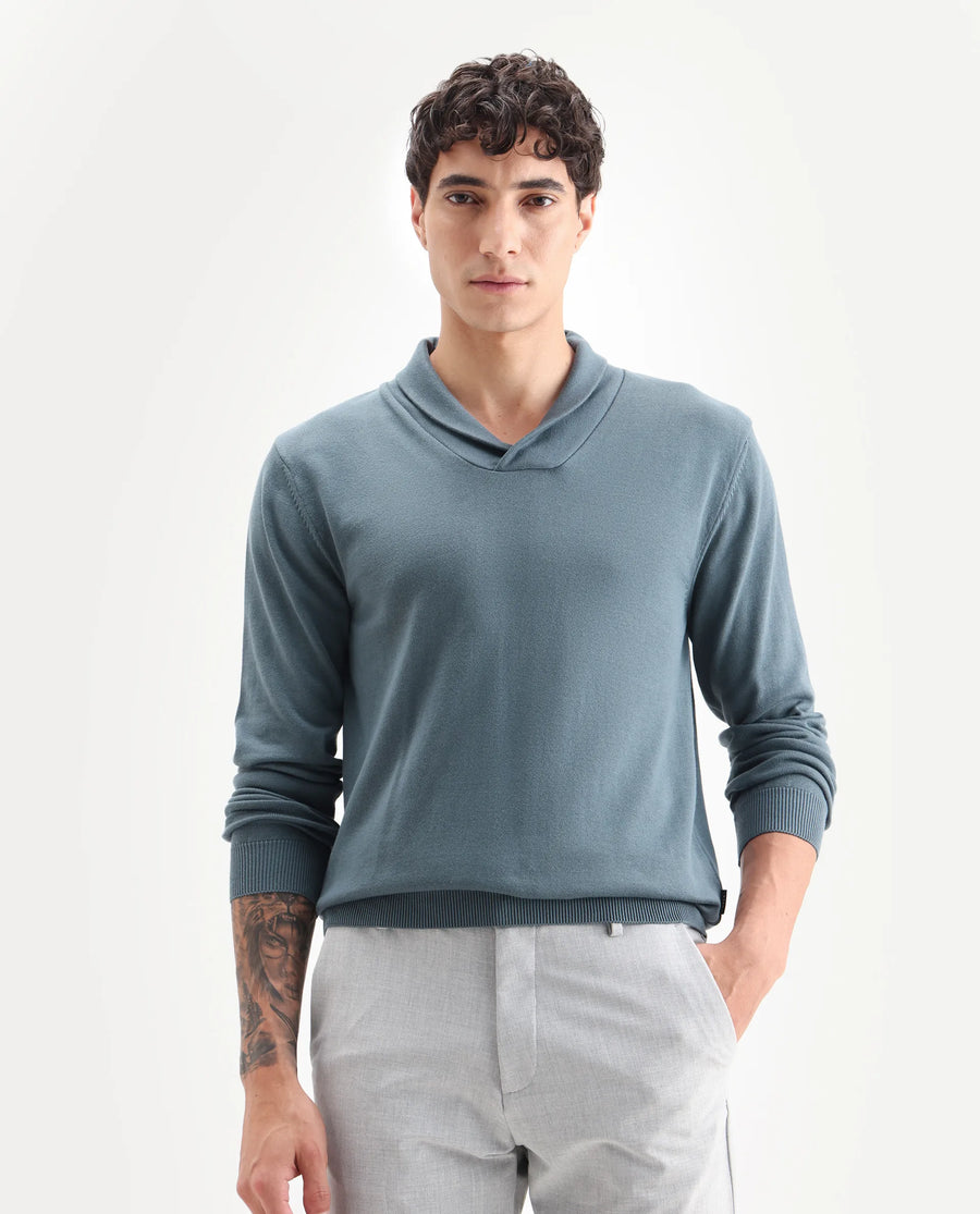 Rare Rabbit Men's Kenlay Dusky Turq Cotton Blend Plain Regular Fit Full Sleeve High Neck Sweater