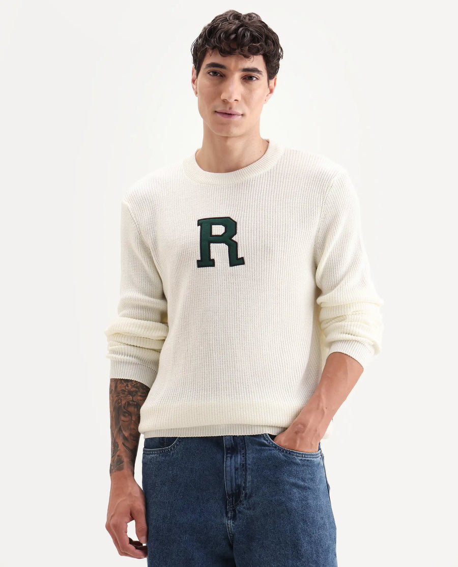 Rare Rabbit Men's Kazu Off White Cotton Applique Print Regular Fit Full Sleeve Crew Neck Sweater