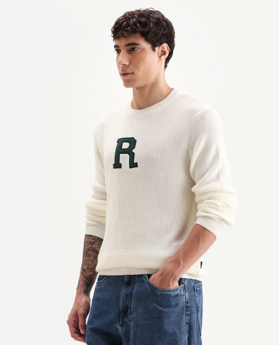 Rare Rabbit Men's Kazu Off White Cotton Applique Print Regular Fit Full Sleeve Crew Neck Sweater