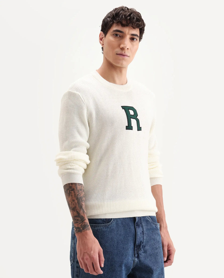 Rare Rabbit Men's Kazu Off White Cotton Applique Print Regular Fit Full Sleeve Crew Neck Sweater