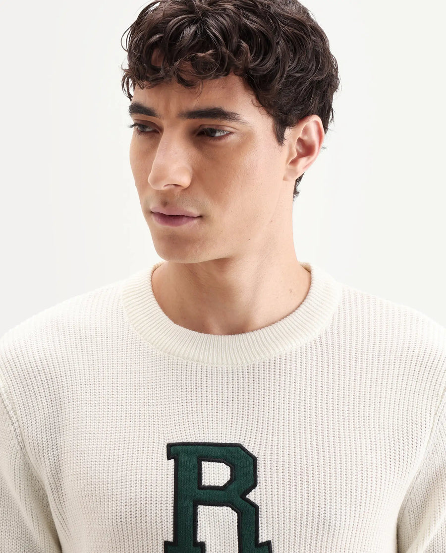 Rare Rabbit Men's Kazu Off White Cotton Applique Print Regular Fit Full Sleeve Crew Neck Sweater
