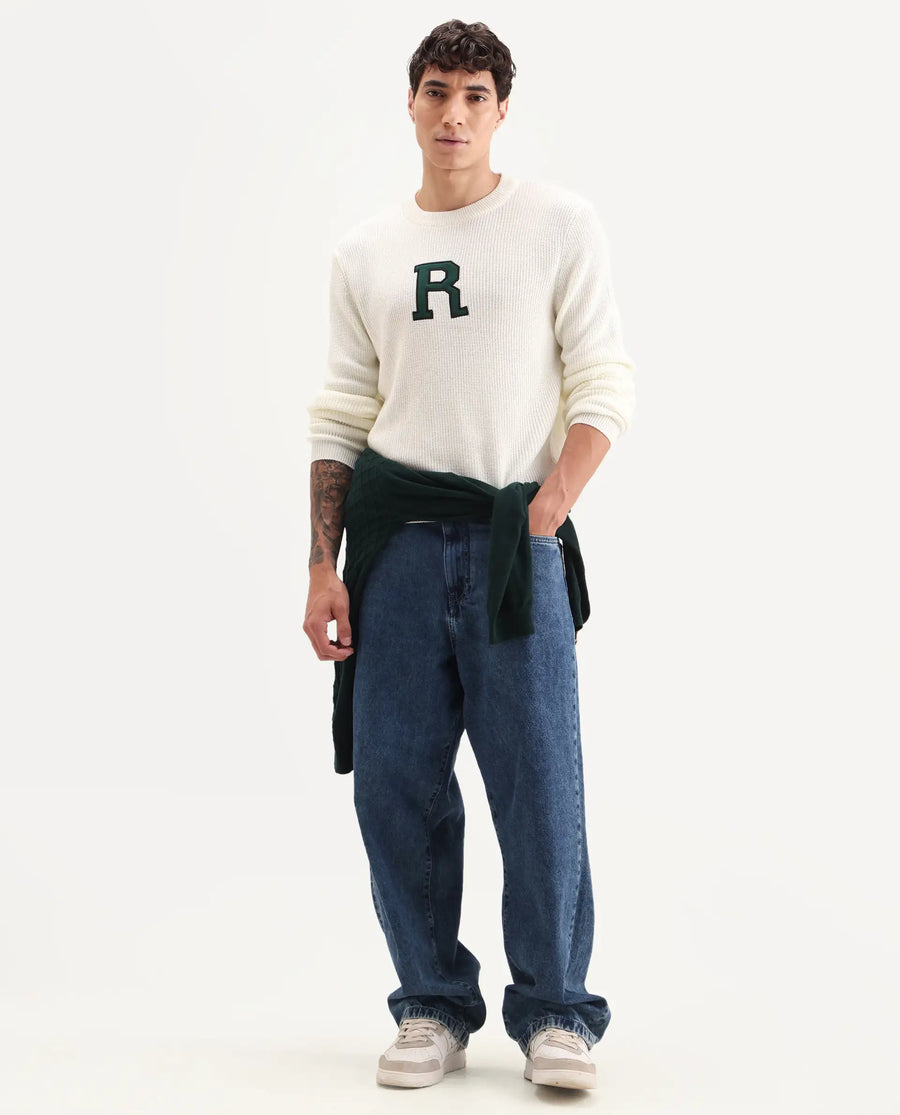 Rare Rabbit Men's Kazu Off White Cotton Applique Print Regular Fit Full Sleeve Crew Neck Sweater
