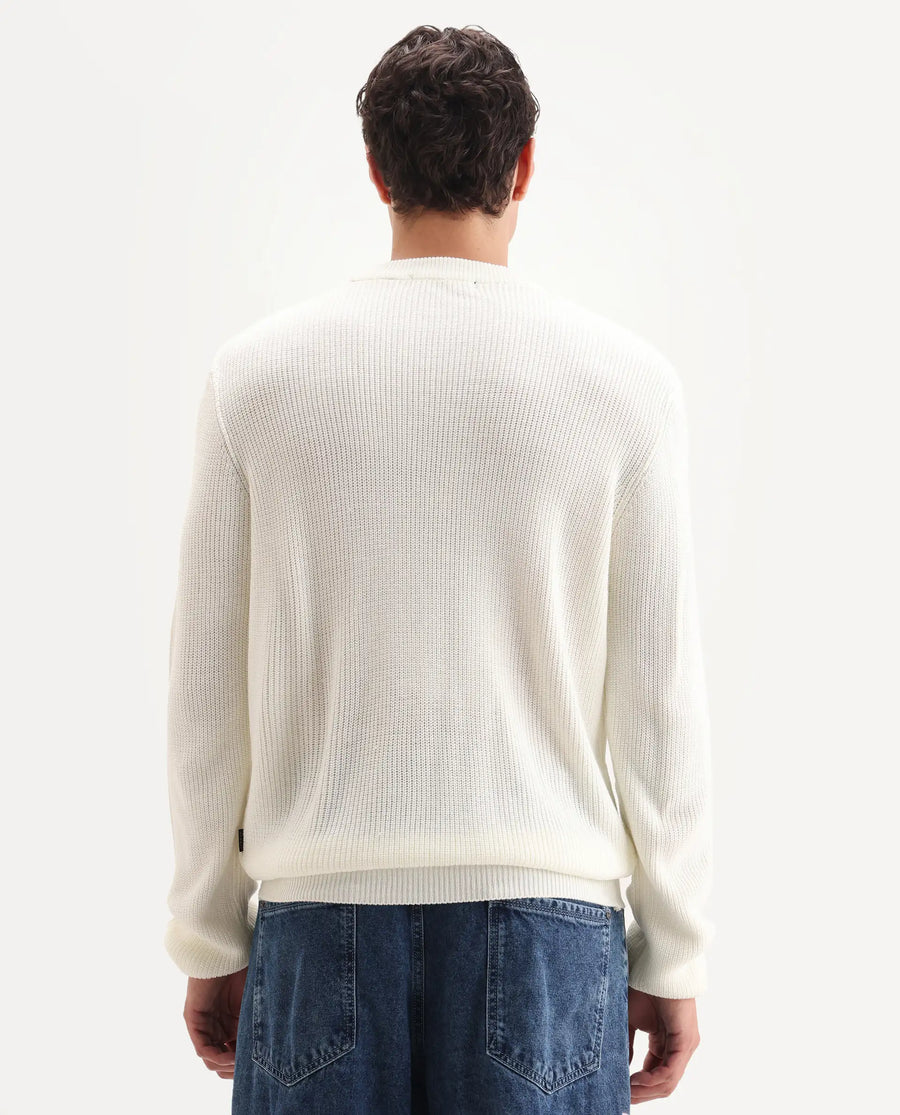Rare Rabbit Men's Kazu Off White Cotton Applique Print Regular Fit Full Sleeve Crew Neck Sweater
