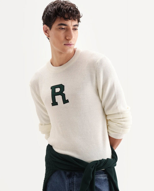 Rare Rabbit Men's Kazu Off White Cotton Applique Print Regular Fit Full Sleeve Crew Neck Sweater