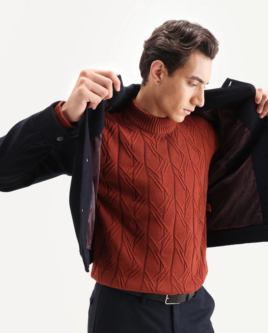 Rare Rabbit Men's Caloz Rust Cotton Textured Regular Fit Full Sleeve High Neck Sweater
