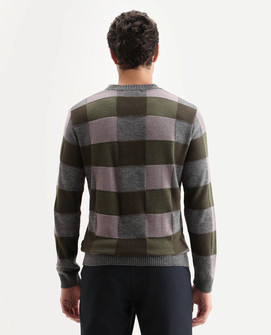 Rare Rabbit Men's Boaz Olive Acrylic Jacquard Regular Fit Full Sleeve Crew Neck Sweater