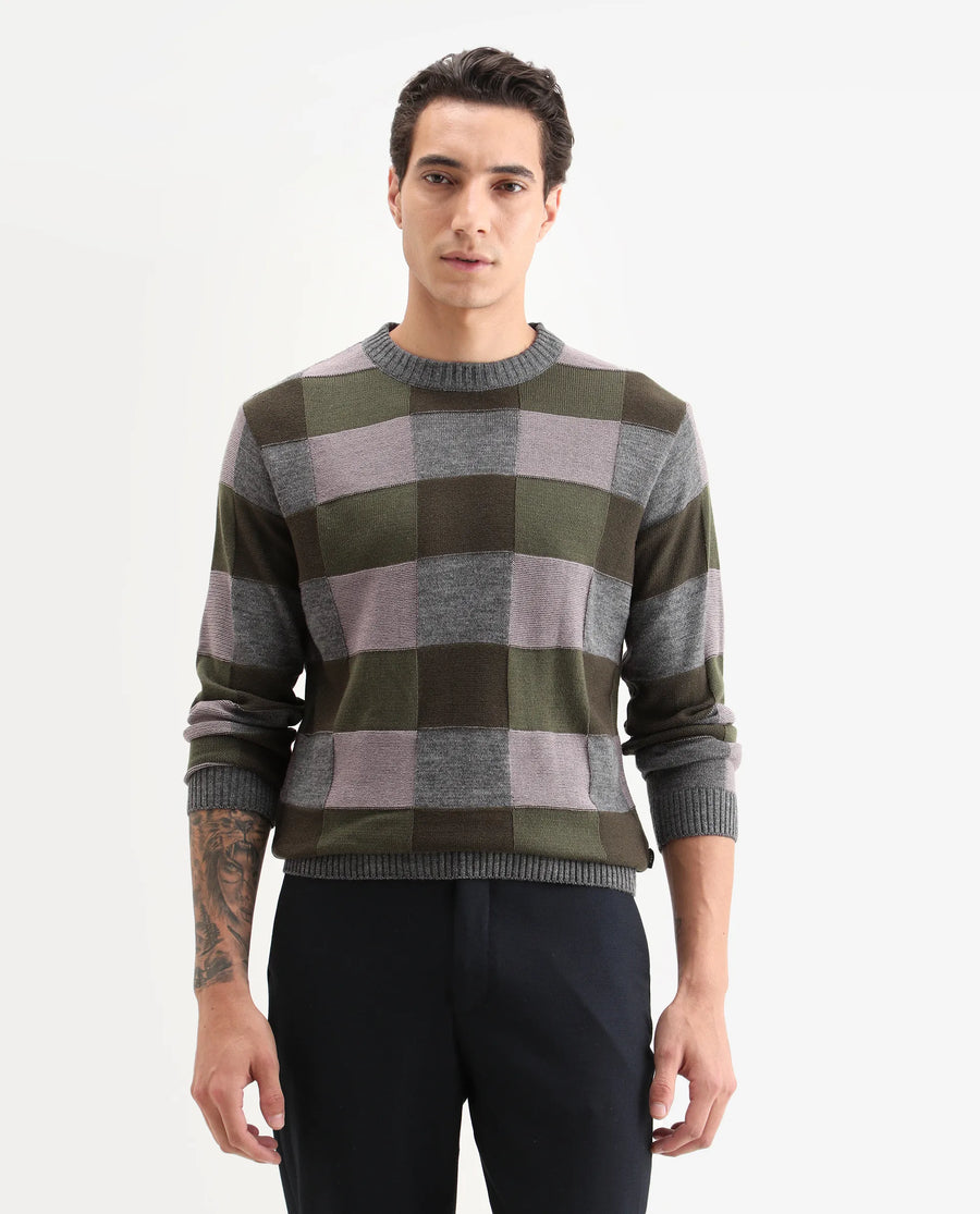 Rare Rabbit Men's Boaz Olive Acrylic Jacquard Regular Fit Full Sleeve Crew Neck Sweater