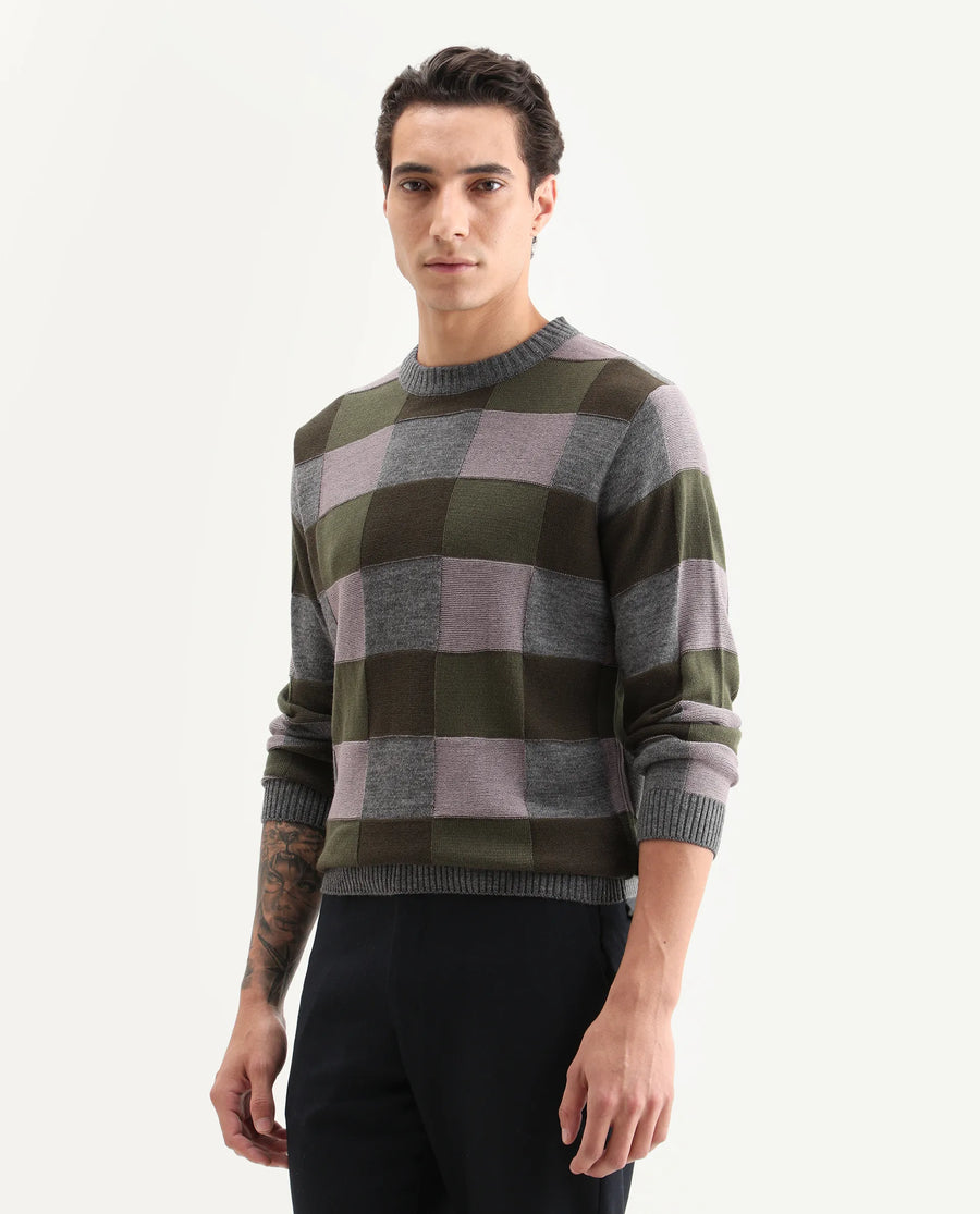 Rare Rabbit Men's Boaz Olive Acrylic Jacquard Regular Fit Full Sleeve Crew Neck Sweater
