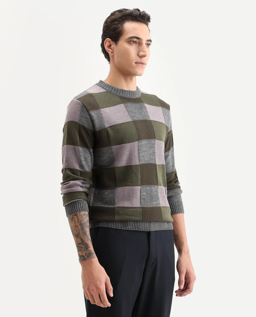 Rare Rabbit Men's Boaz Olive Acrylic Jacquard Regular Fit Full Sleeve Crew Neck Sweater
