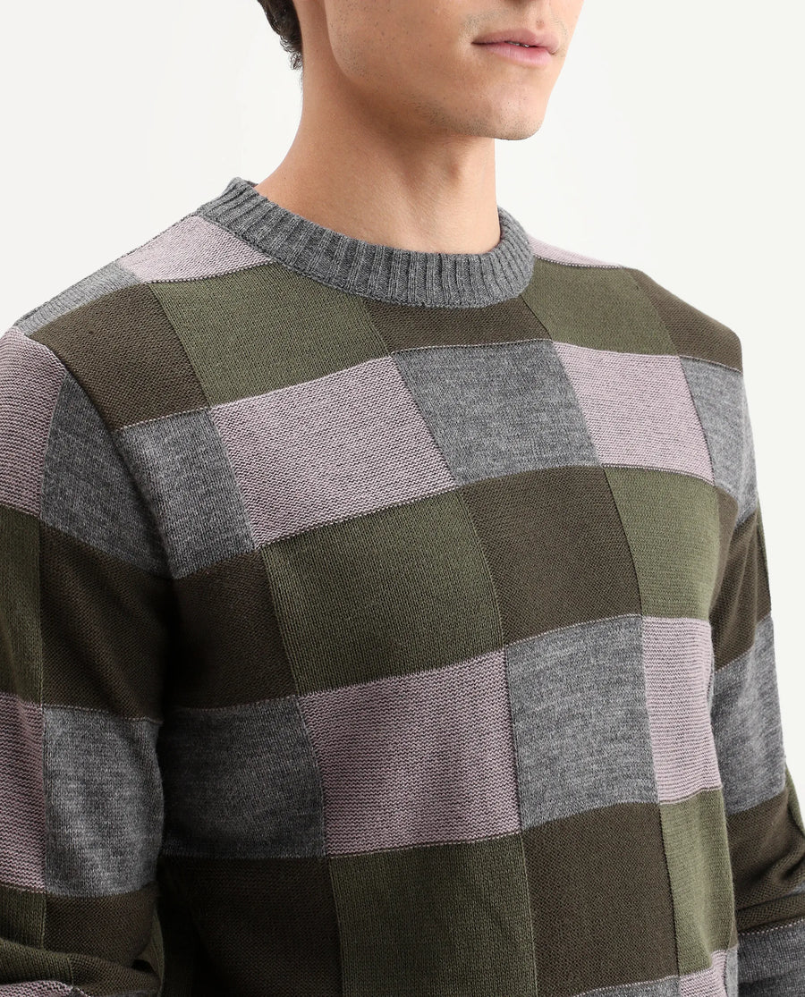 Rare Rabbit Men's Boaz Olive Acrylic Jacquard Regular Fit Full Sleeve Crew Neck Sweater