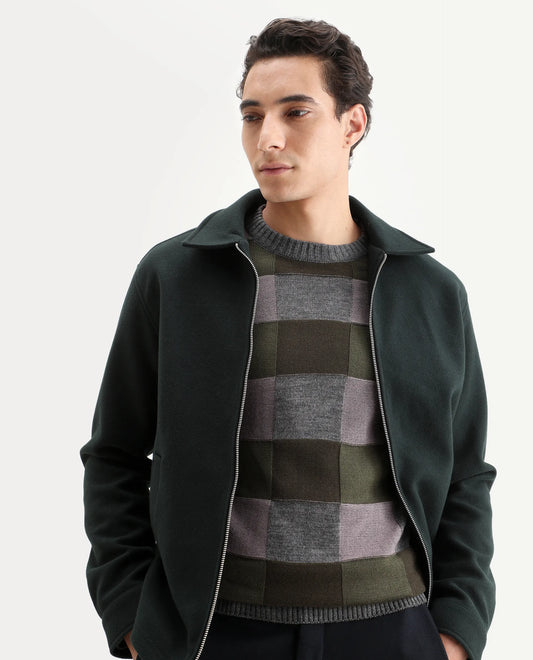 Rare Rabbit Men's Boaz Olive Acrylic Jacquard Regular Fit Full Sleeve Crew Neck Sweater