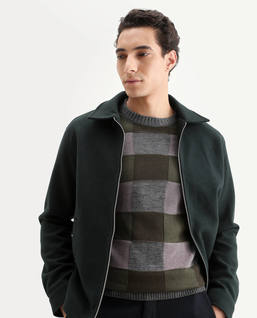 Rare Rabbit Men's Boaz Olive Acrylic Jacquard Regular Fit Full Sleeve Crew Neck Sweater
