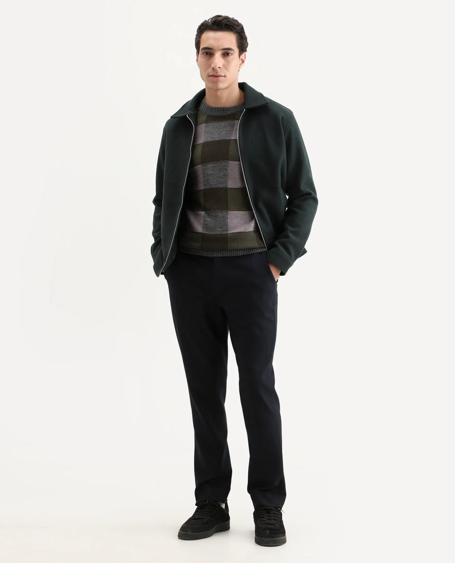 Rare Rabbit Men's Boaz Olive Acrylic Jacquard Regular Fit Full Sleeve Crew Neck Sweater