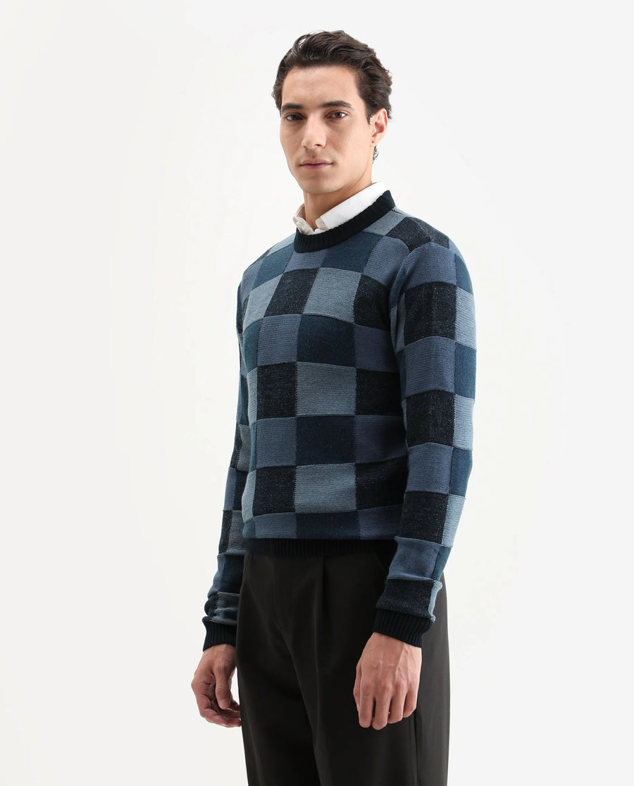 Rare Rabbit Men's Boaz Blue Acrylic Jacquard Regular Fit Full Sleeve Crew Neck Sweater
