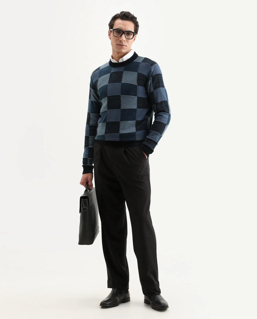 Rare Rabbit Men's Boaz Blue Acrylic Jacquard Regular Fit Full Sleeve Crew Neck Sweater