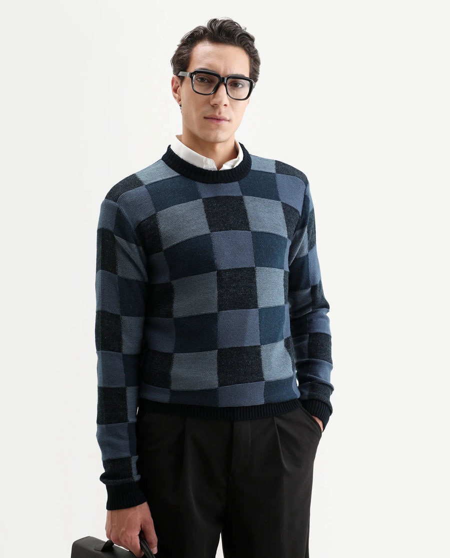Rare Rabbit Men's Boaz Blue Acrylic Jacquard Regular Fit Full Sleeve Crew Neck Sweater