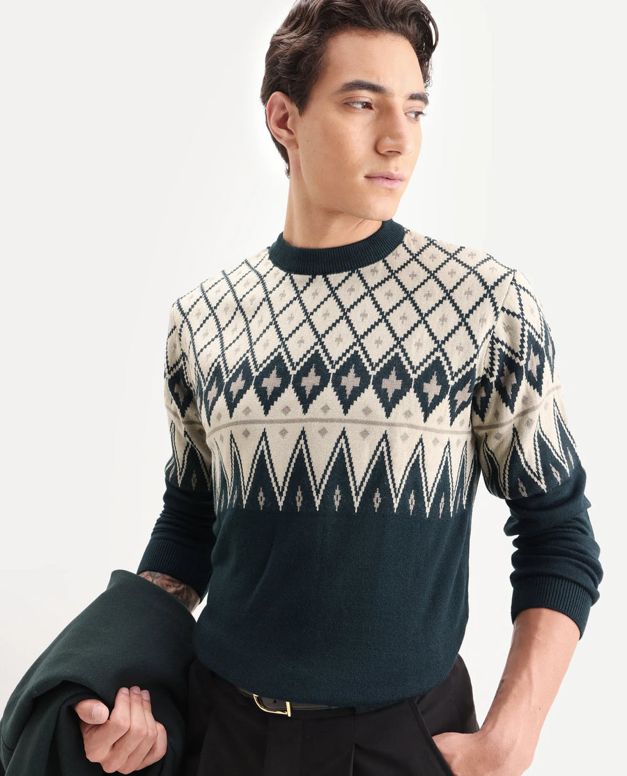 Rare Rabbit Men's Kezeck Navy Cotton Argyle Print Regular Fit Full Sleeve Crew Neck Sweater