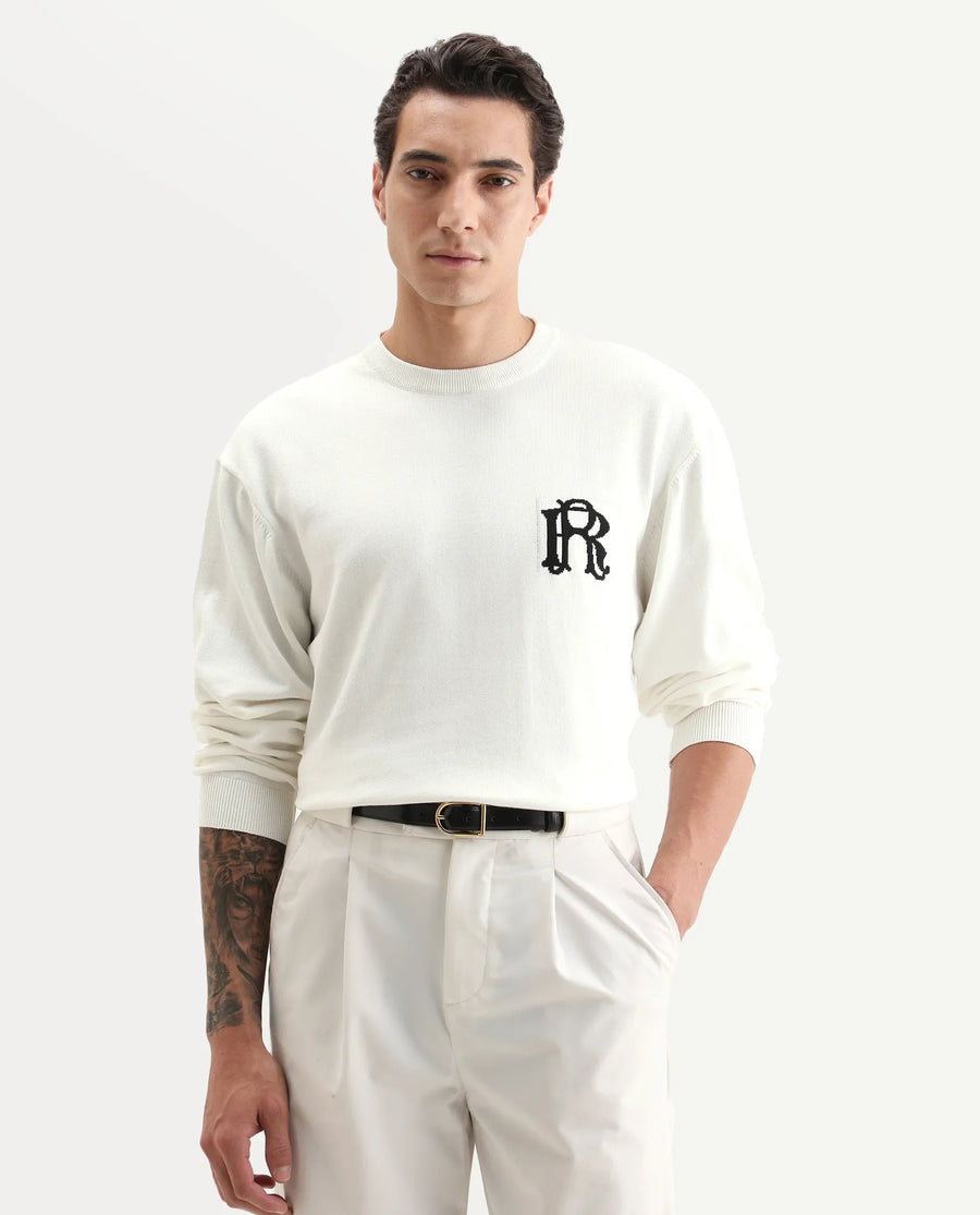 Rare Rabbit Men's Varo Off White Cotton Embroidered Regular Fit Full Sleeve Crew Neck Sweater