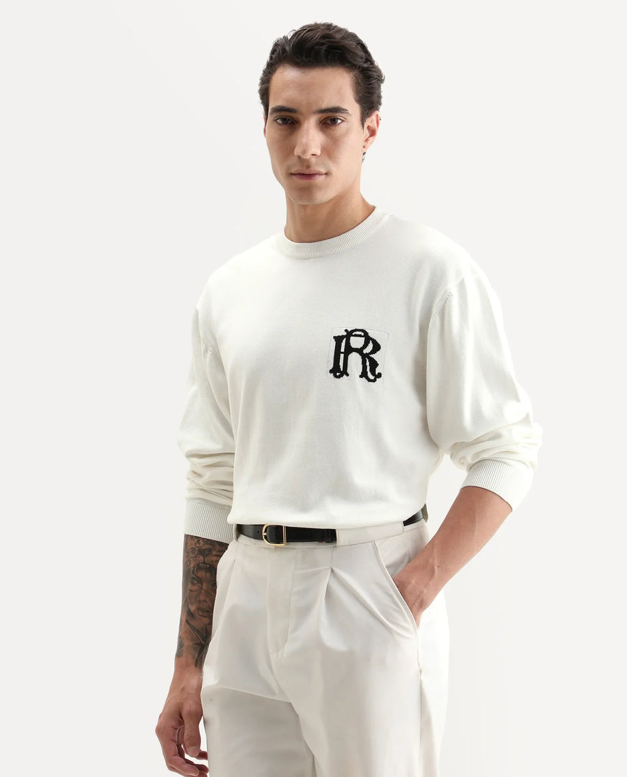 Rare Rabbit Men's Varo Off White Cotton Embroidered Regular Fit Full Sleeve Crew Neck Sweater