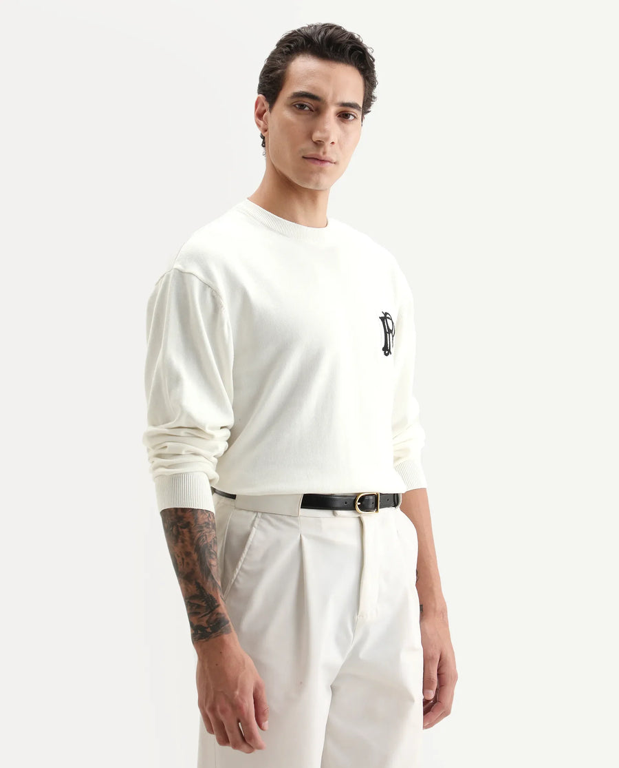 Rare Rabbit Men's Varo Off White Cotton Embroidered Regular Fit Full Sleeve Crew Neck Sweater