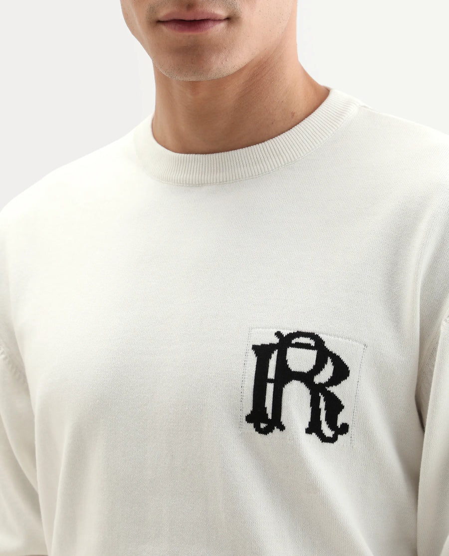 Rare Rabbit Men's Varo Off White Cotton Embroidered Regular Fit Full Sleeve Crew Neck Sweater
