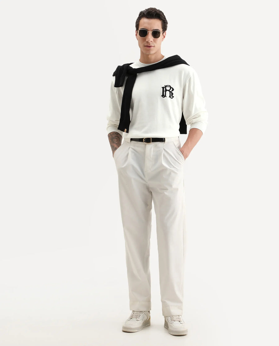Rare Rabbit Men's Varo Off White Cotton Embroidered Regular Fit Full Sleeve Crew Neck Sweater